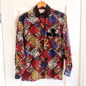 Vintage Cache Multicolor Silk Black Leather Trim Blouse
